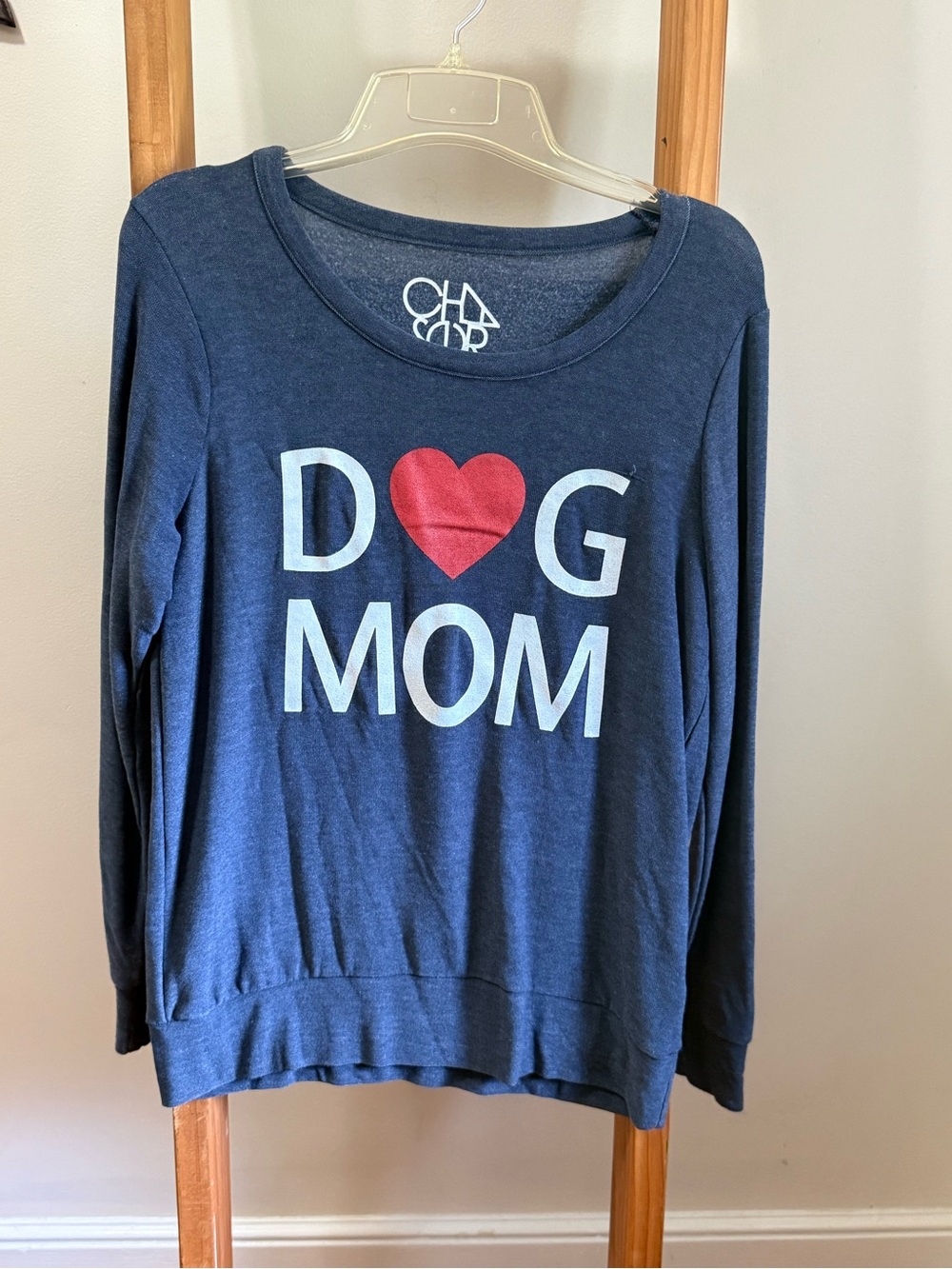 Chaser Navy Long Sleeve Tee with Red Heart 'DOG MOM' Graphic
